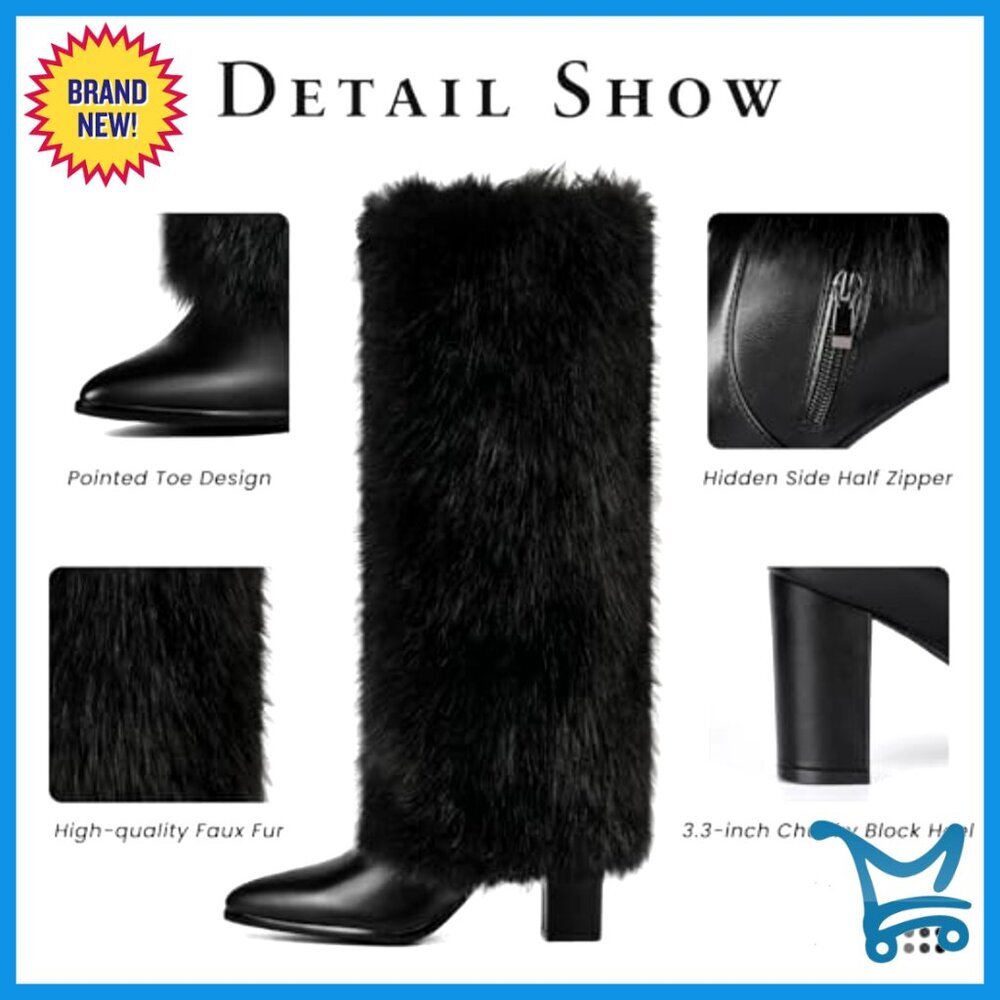 Knee High Faux Fur Boots Chunky Heel Wide Calf Winter Snow Boots - Picture 5 of 7